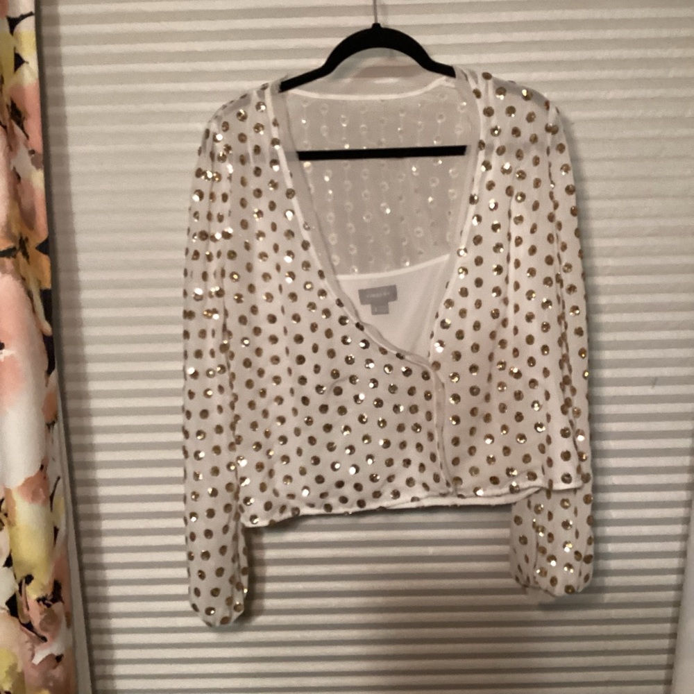 Cream Sequin Wrap Blouse with Long Sleeves